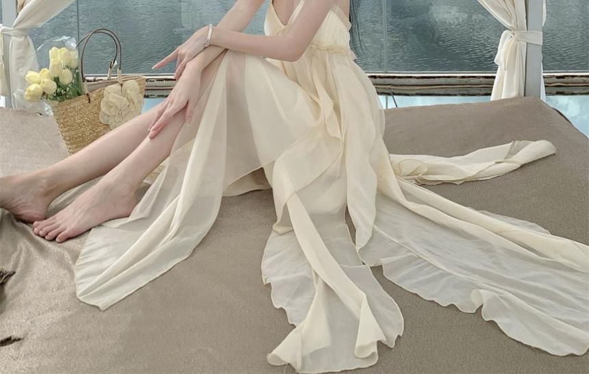 Trim Plain Dress Open Ruffle Asymmetrical Maxi A-Line Neck Frill Back Halter