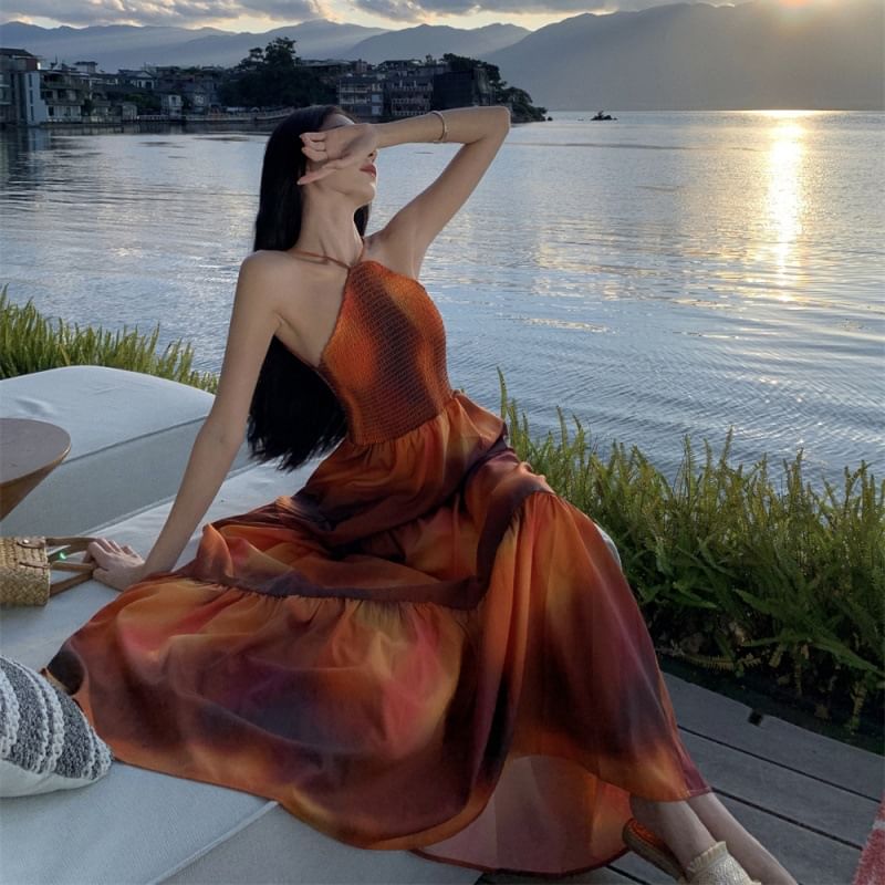 Back Smocked Halter Maxi A-Line Dye Tie Neck Open Dress