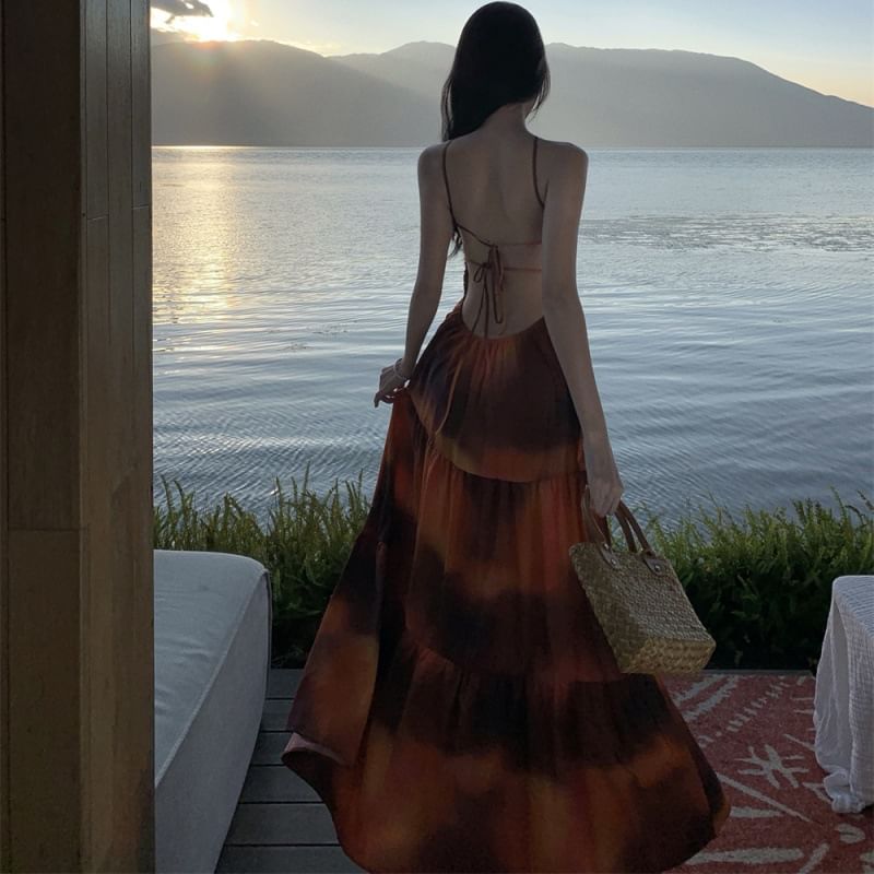 Back Smocked Halter Maxi A-Line Dye Tie Neck Open Dress