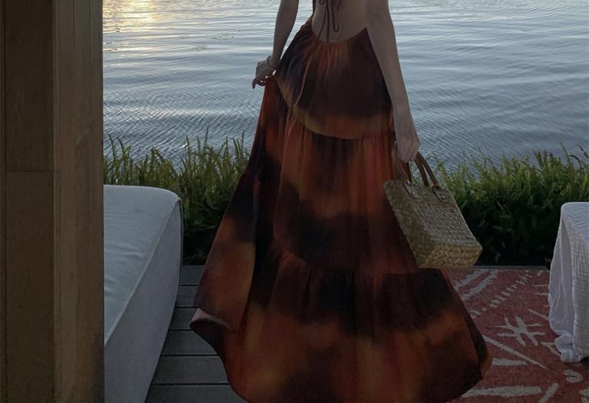 Back Smocked Halter Maxi A-Line Dye Tie Neck Open Dress