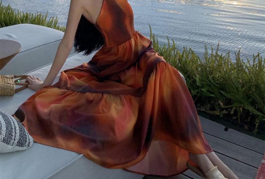 Back Smocked Halter Maxi A-Line Dye Tie Neck Open Dress