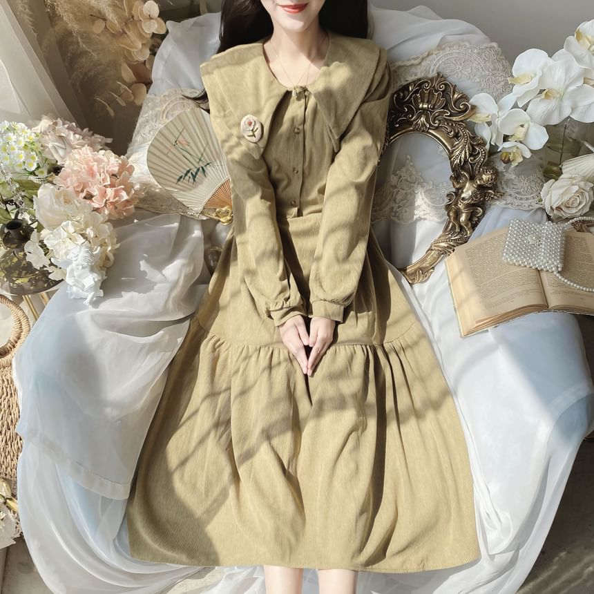 Robe trapèze mi-longue en velours côtelé uni à manches longues et col