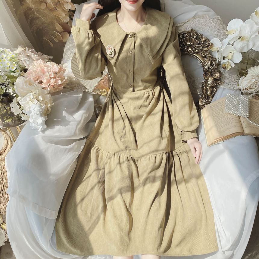 Robe trapèze mi-longue en velours côtelé uni à manches longues et col