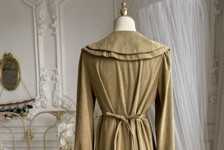 Robe trapèze mi-longue en velours côtelé uni à manches longues et col