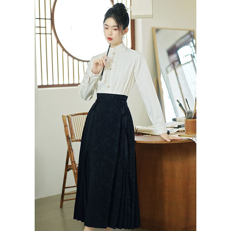 Band Collar Hanfu Top / Mid Rise Midi A-Line Skirt