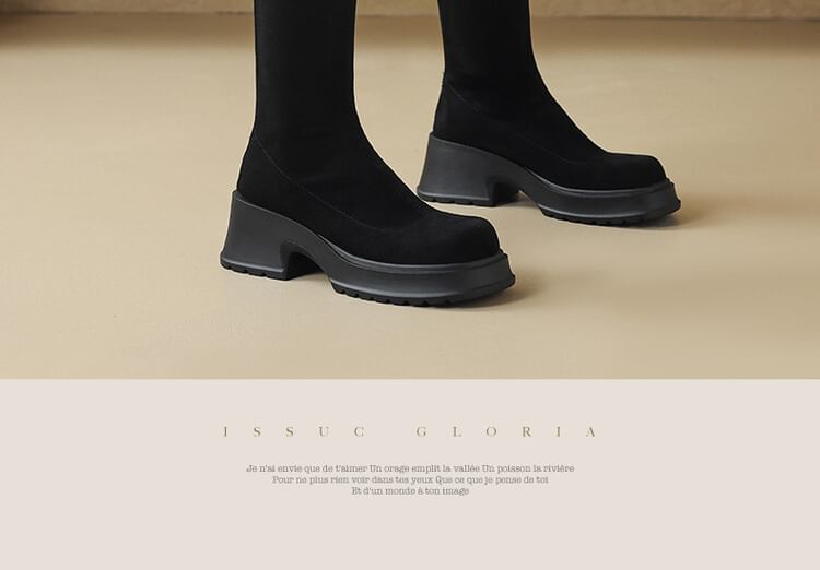 Square Toe Platform Panel Faux Suede Knee High Boots