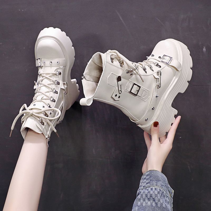 Leather Boots Heel Lace-Up Buckled Faux Chunky Short Platform