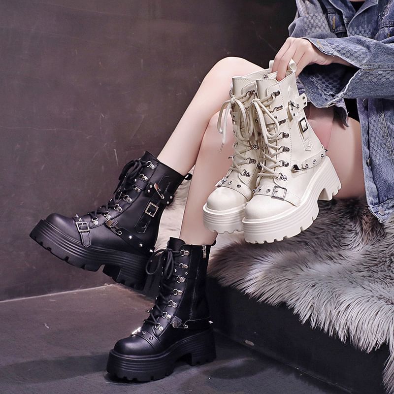 Leather Boots Heel Lace-Up Buckled Faux Chunky Short Platform