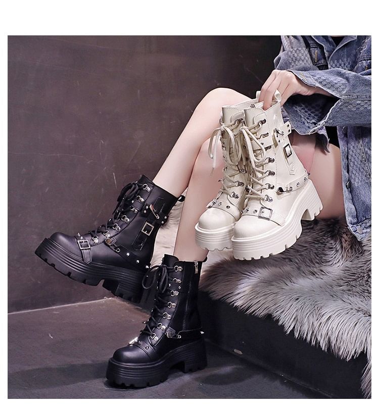 Leather Boots Heel Lace-Up Buckled Faux Chunky Short Platform