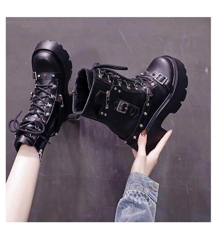 Leather Boots Heel Lace-Up Buckled Faux Chunky Short Platform