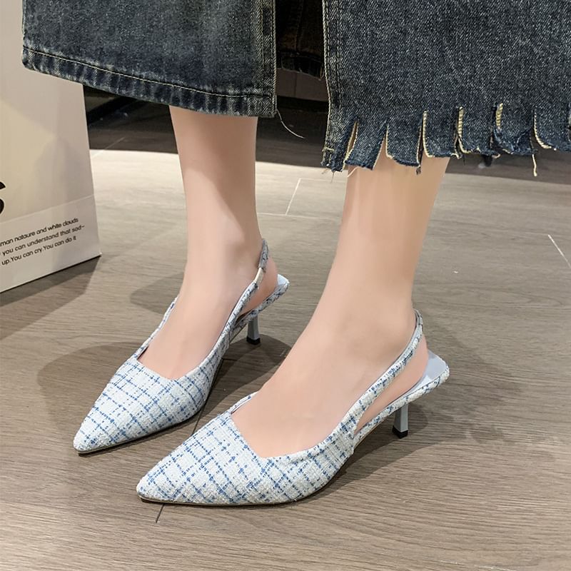 Slingback Pointed Toe Pumps Tweed