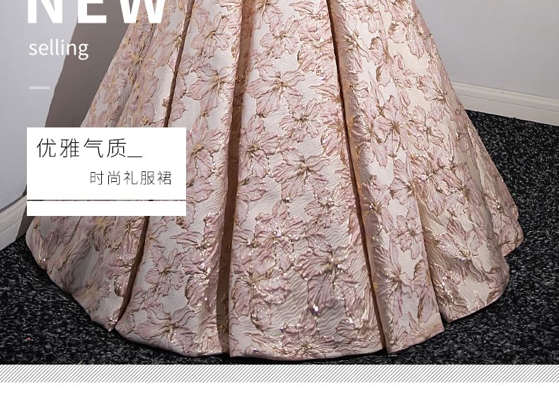 Short-Sleeve Off Shoulder Print Evening Ball Gown