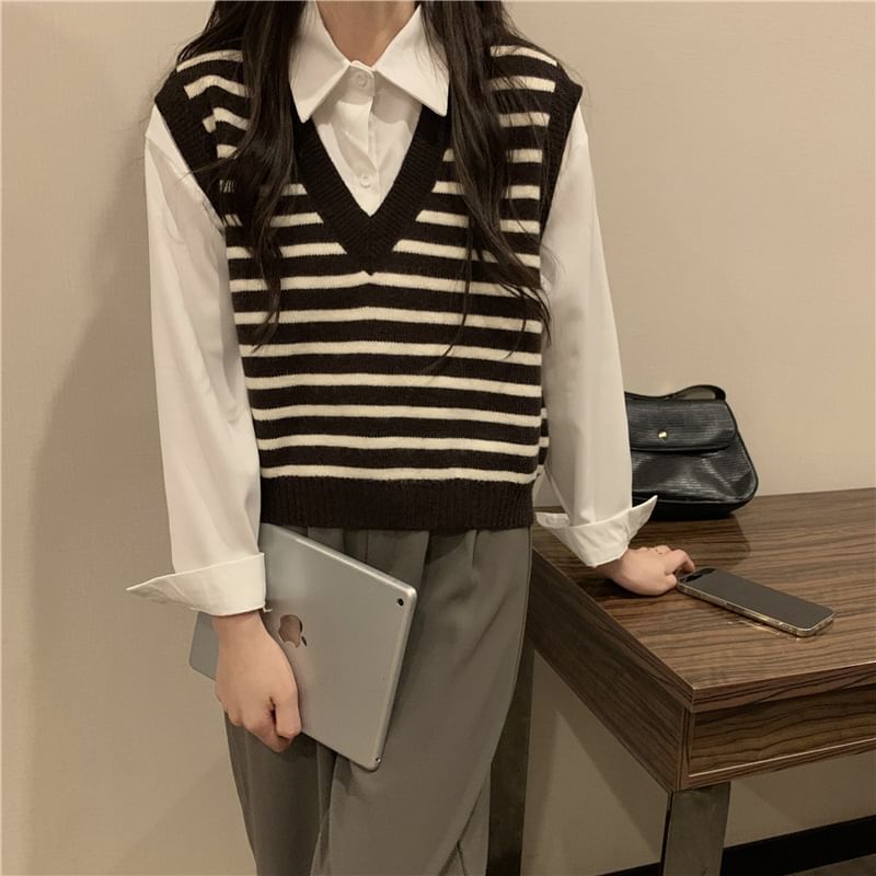 Vest Knit Striped V-Neck