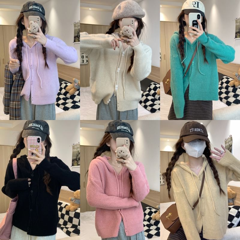 Hooded Cardigan Button-Up Plain