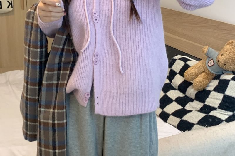 Hooded Cardigan Button-Up Plain