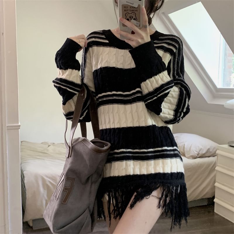 Sweater Striped Frayed Loose-Fit