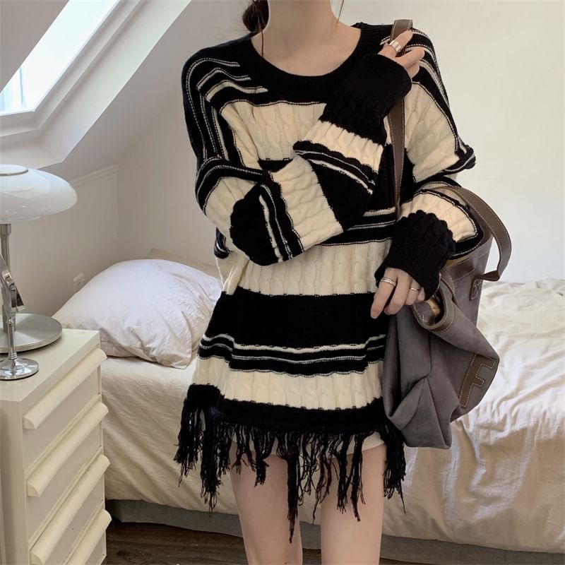 Sweater Striped Frayed Loose-Fit