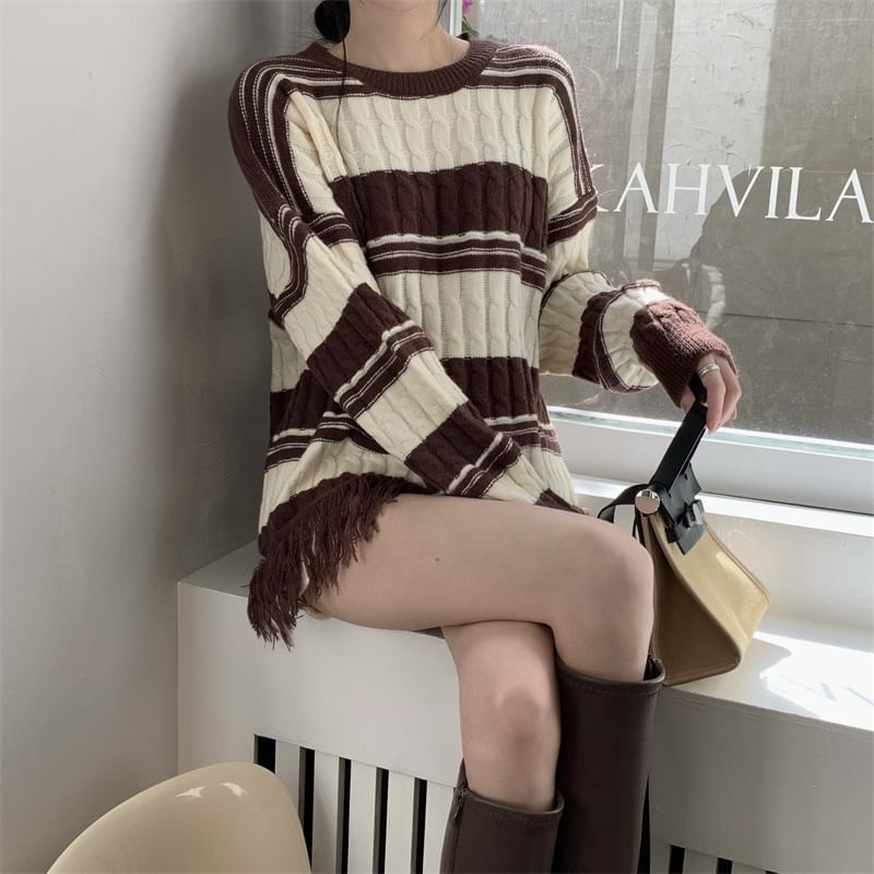 Sweater Striped Frayed Loose-Fit