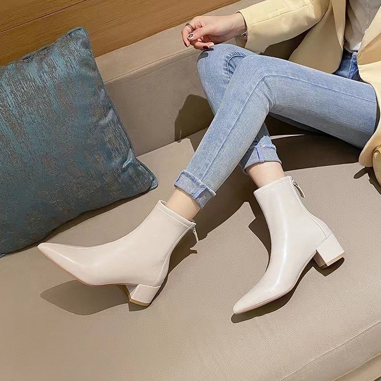 Pointy Chunky Heel Short Boots