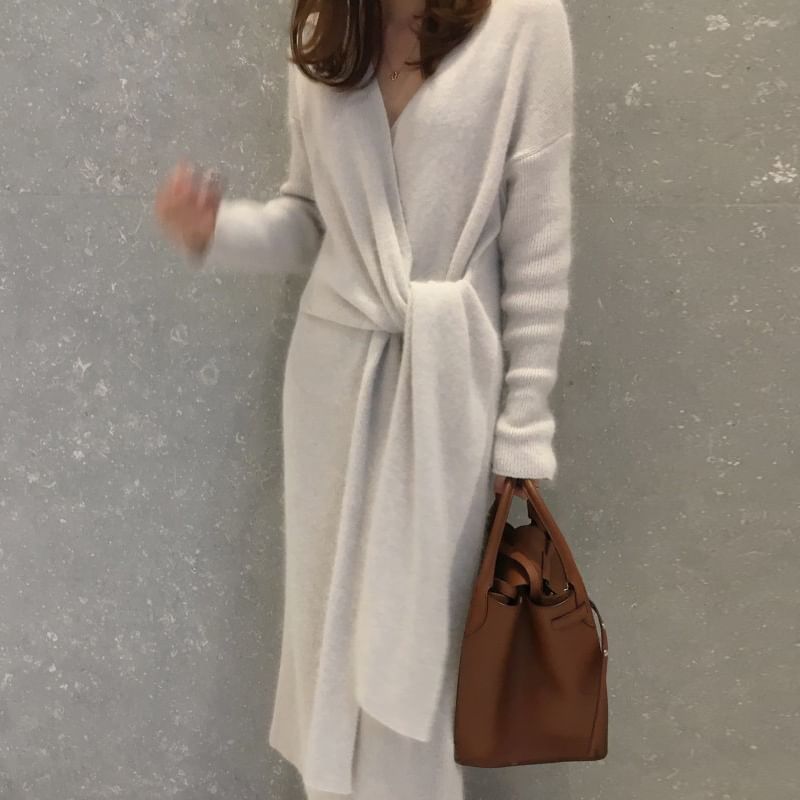 Long-Sleeve V-Neck Plain Tie Front Knit Midi A-Line Wrap Dress