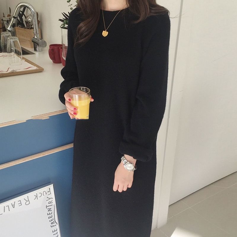 Long-Sleeve Crew Neck Plain Midi Shift Sweater Dress