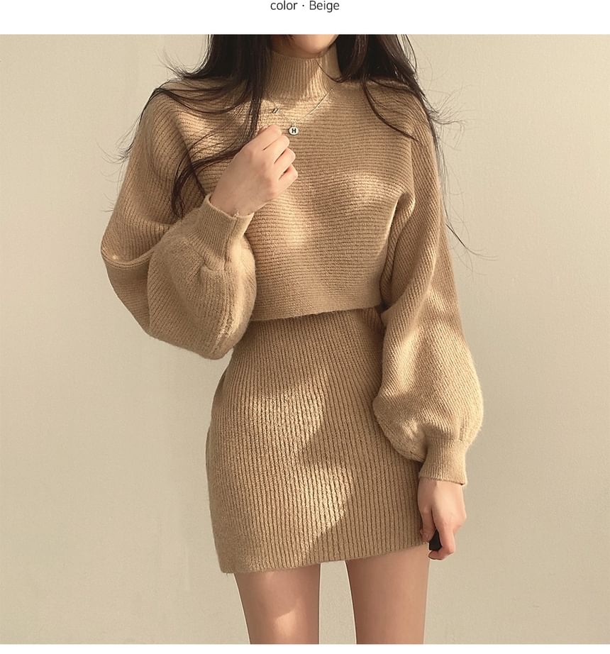 Set: Balloon Sleeve Mock Neck Plain Ribbed Sweater + Sleeveless Crew Neck Knit Mini A-Line Dress