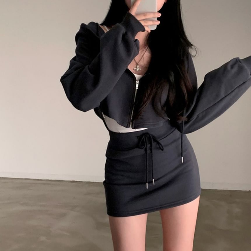 Set: Plain Zip Hoodie + Drawstring Waist Mini Pencil Skirt