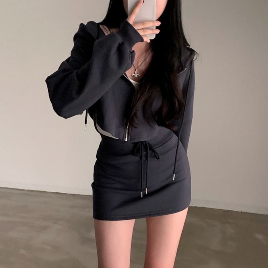 Set: Plain Zip Hoodie + Drawstring Waist Mini Pencil Skirt