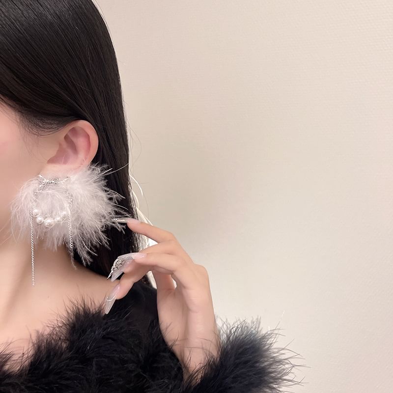 Stud Feather Pearl Earring Faux