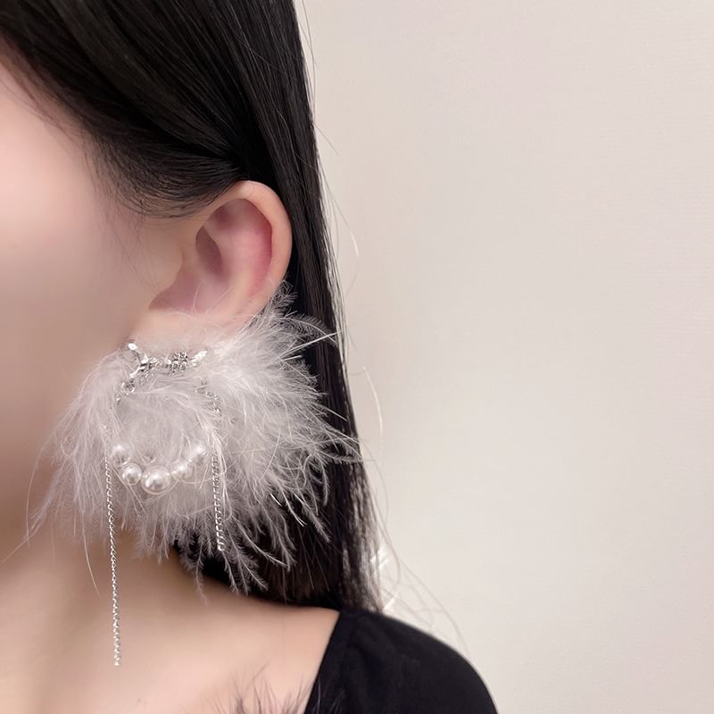 Stud Feather Pearl Earring Faux