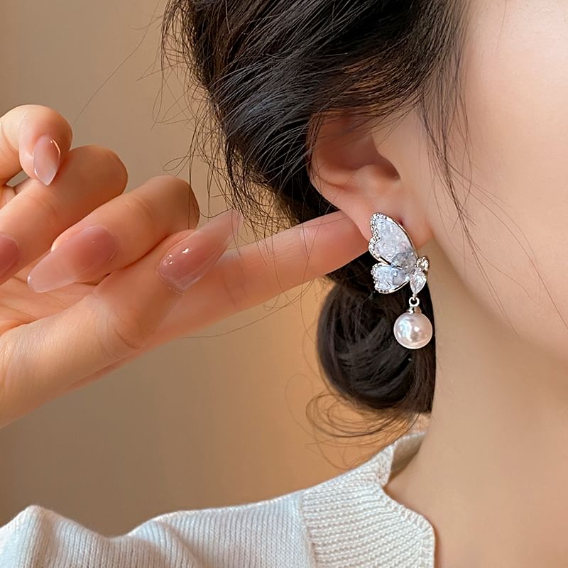 Butterfly Pearl Earring Alloy Faux Crystal Drop