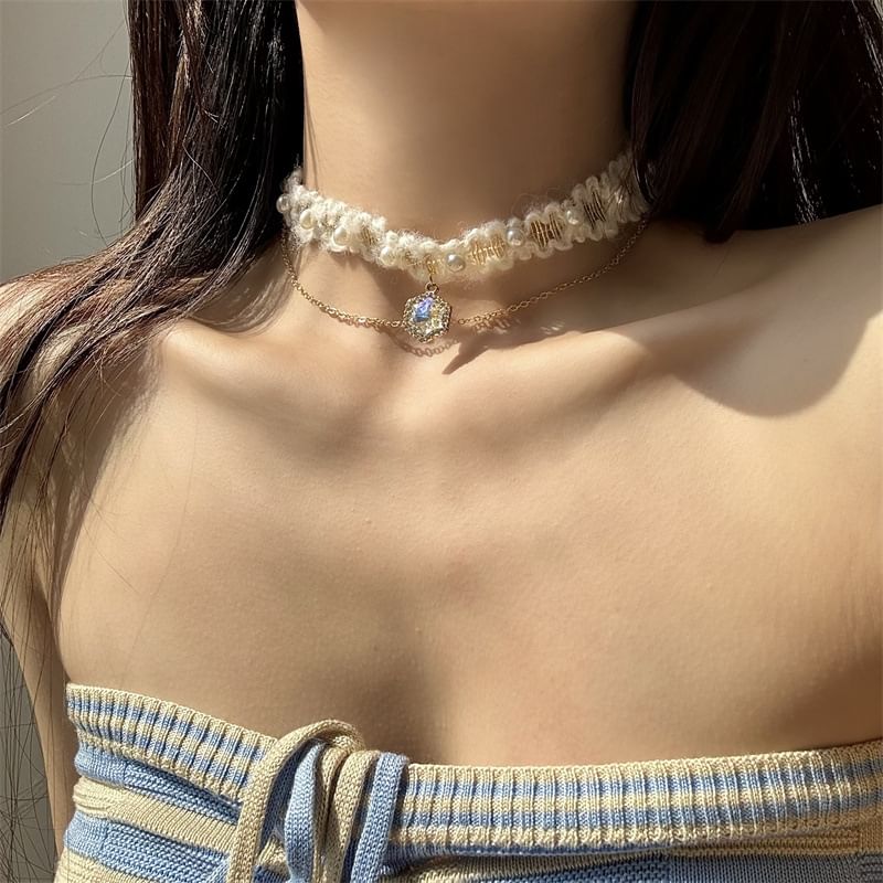 Choker Alloy Yarn Rhinestone Layered