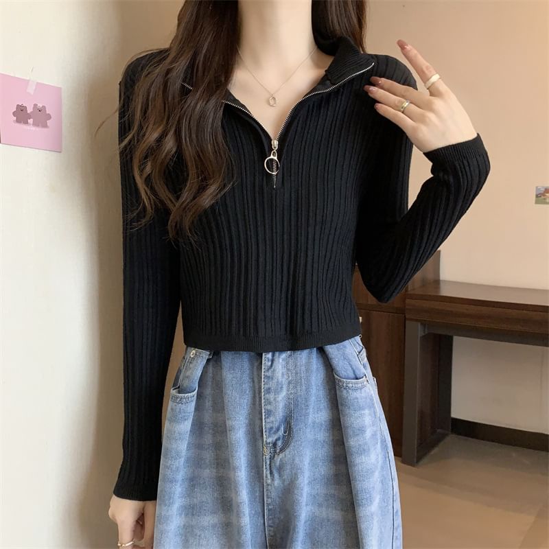 Plain Half Zip Long-Sleeve Mock-Neck Slim-Fit Knit Top