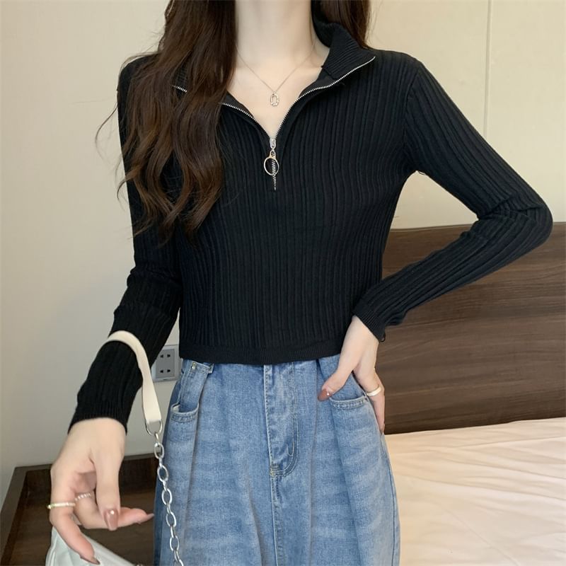 Plain Half Zip Long-Sleeve Mock-Neck Slim-Fit Knit Top