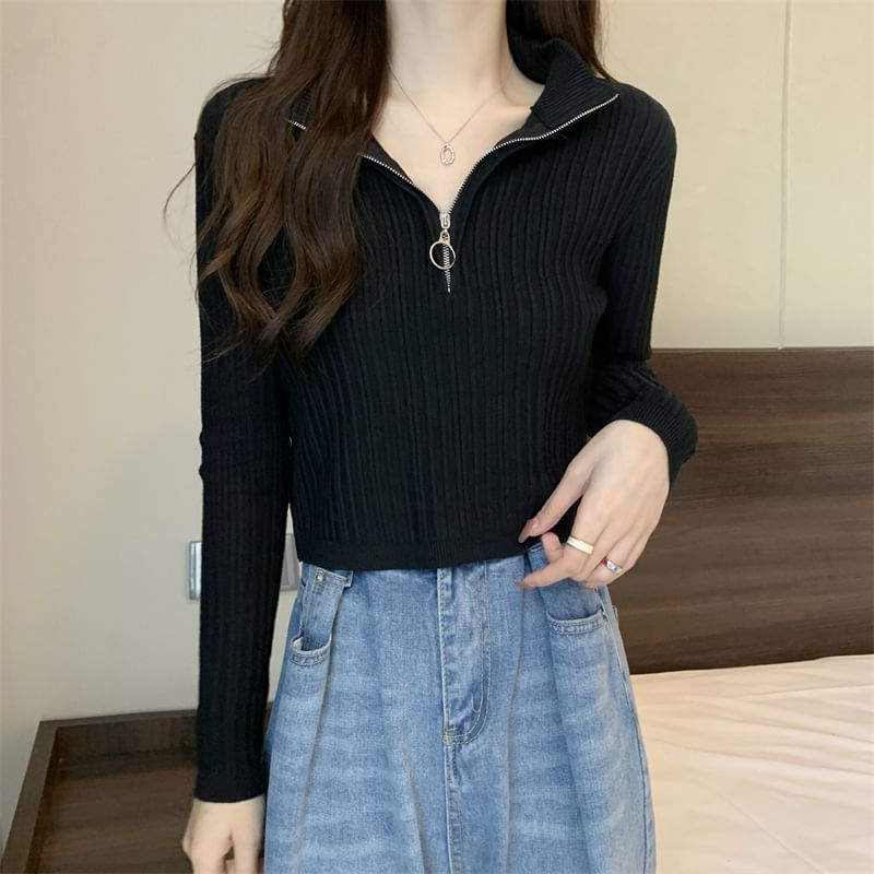 Plain Half Zip Long-Sleeve Mock-Neck Slim-Fit Knit Top