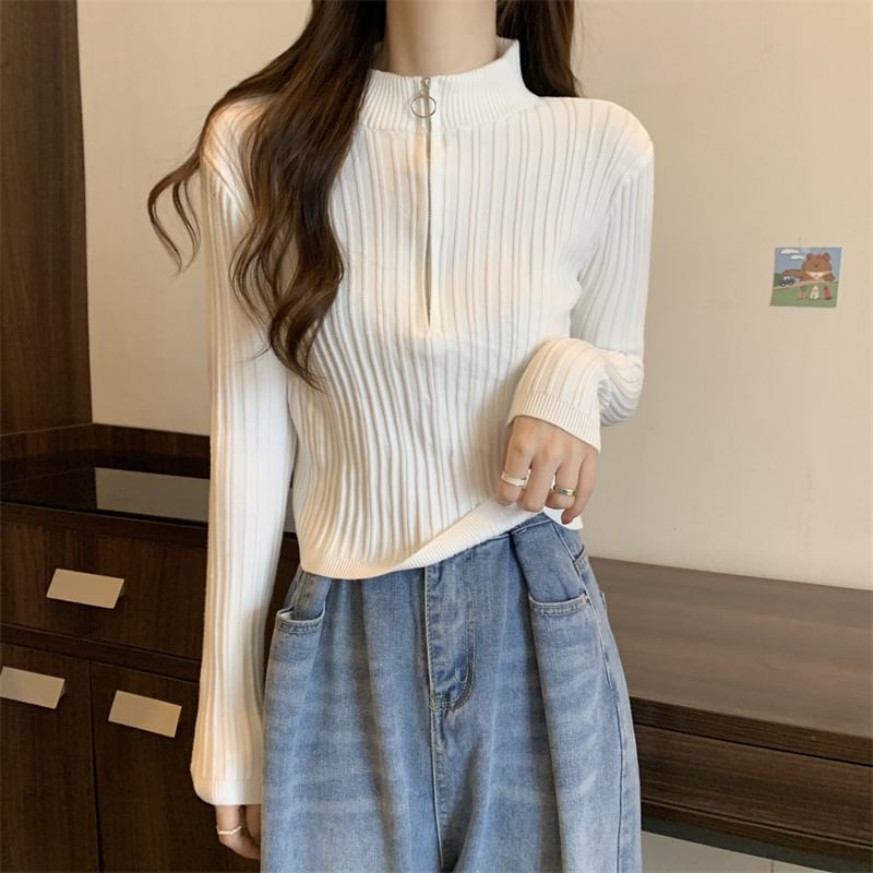 Plain Half Zip Long-Sleeve Mock-Neck Slim-Fit Knit Top