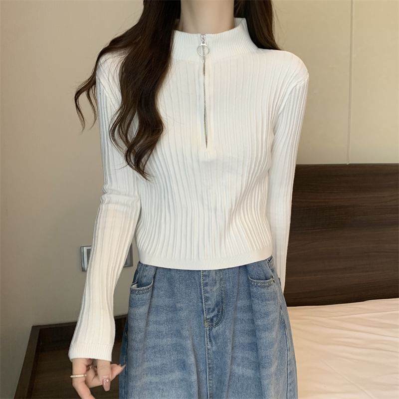 Plain Half Zip Long-Sleeve Mock-Neck Slim-Fit Knit Top