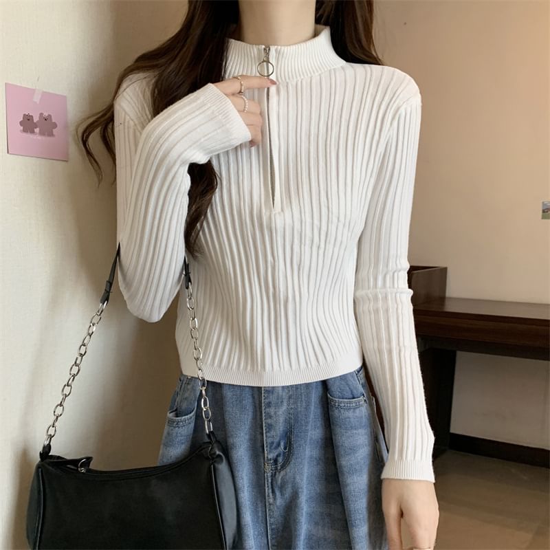 Plain Half Zip Long-Sleeve Mock-Neck Slim-Fit Knit Top
