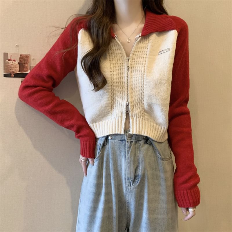 Zip Polo Two-Tone Cardigan
