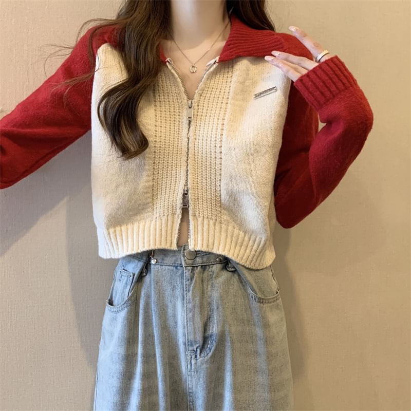 Zip Polo Two-Tone Cardigan