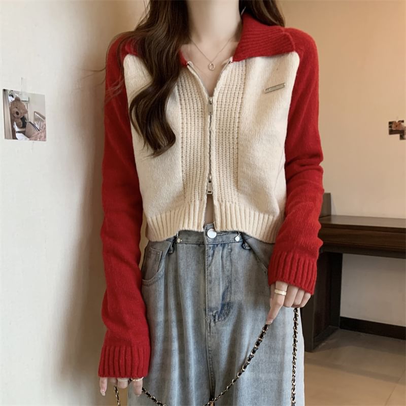 Zip Polo Two-Tone Cardigan