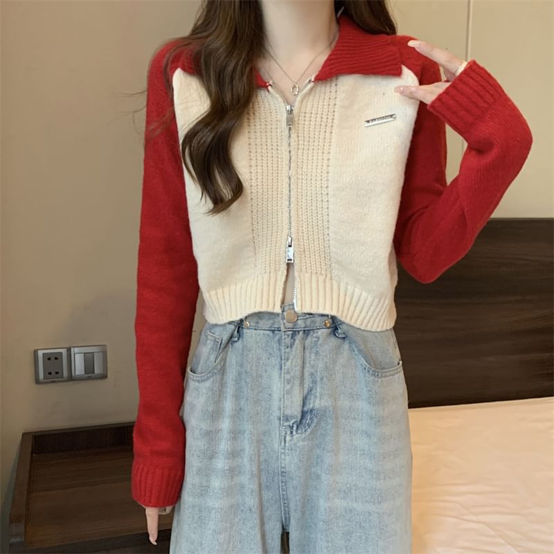Zip Polo Two-Tone Cardigan