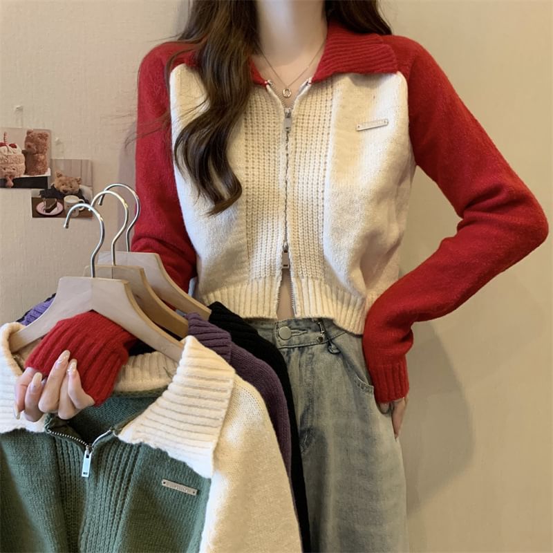 Zip Polo Two-Tone Cardigan