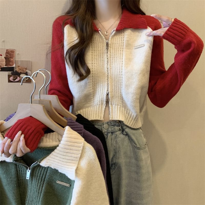 Zip Polo Two-Tone Cardigan