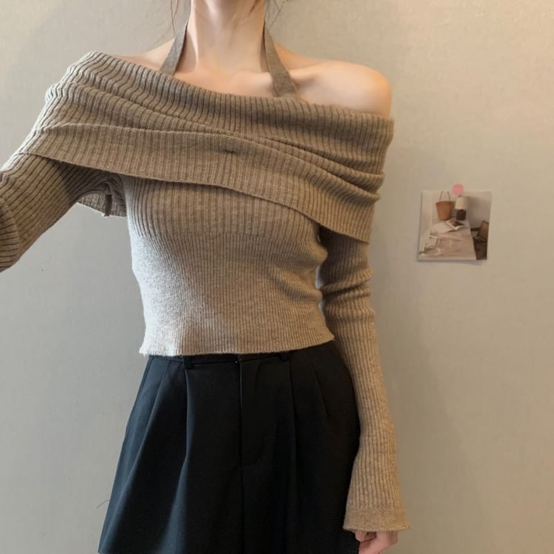 Off-Shoulder Long-Sleeve Sweater Halter