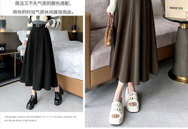 High-Waist Plain Woolen A-Line Skirt