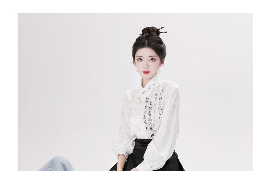 Traditional Chinese Long-Sleeve Print Shirt / High Waist Pleated Skirt