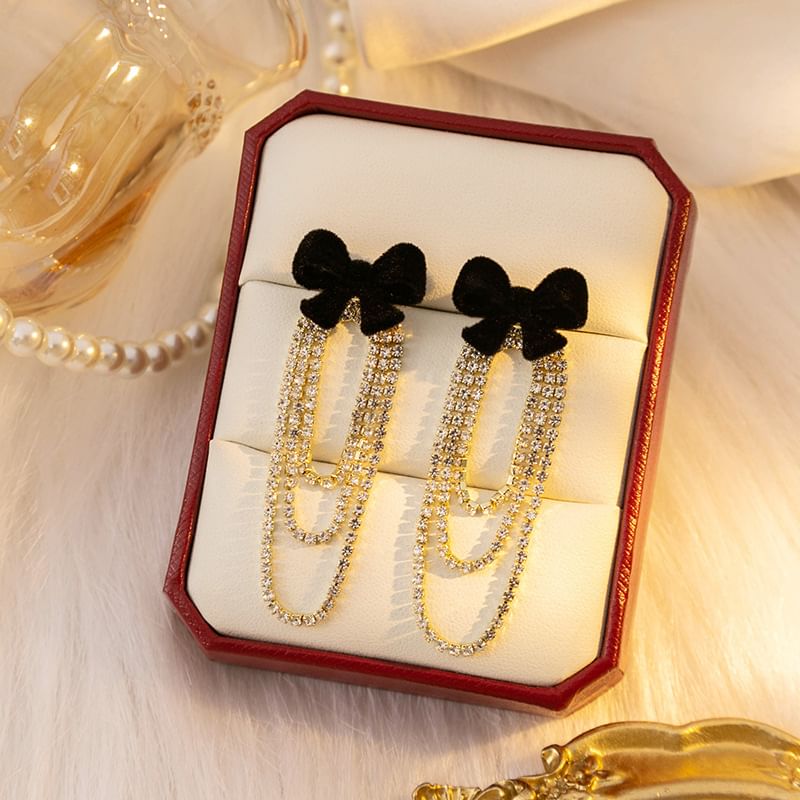 Flocking Bow Rhinestone Chain Alloy Dangle Earring