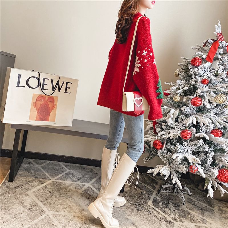 Crew Sweater Neck Tree Jacquard Christmas