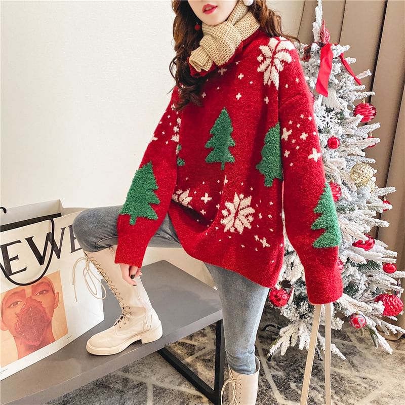Crew Sweater Neck Tree Jacquard Christmas